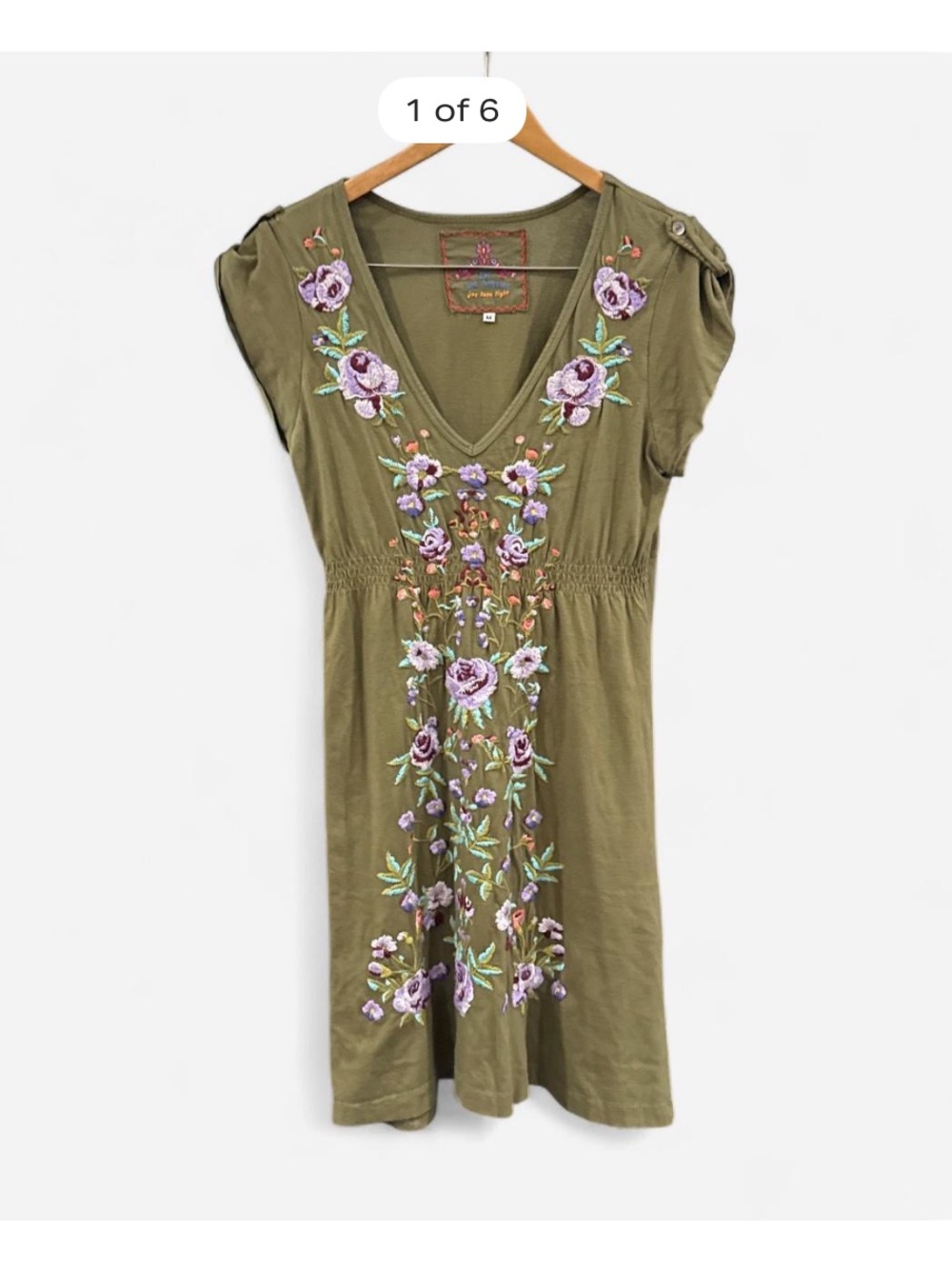 Johnny Was Olive Green Dress size M Purple Floral Embroidery artsy boho preppy